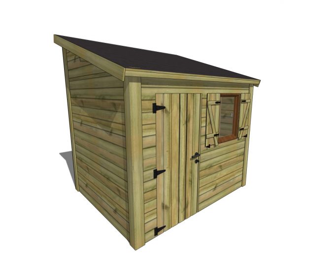 Abri de jardin en bois, porte double, fenêtre avec volets.