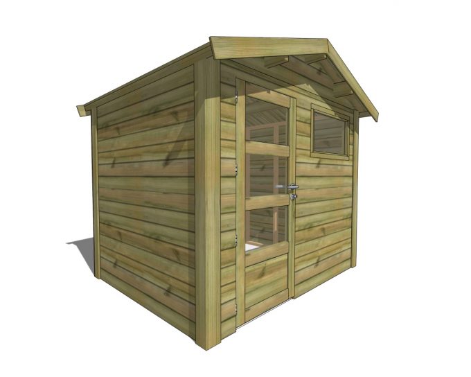 Abri de jardin en bois avec porte vitrée et fenêtre.
