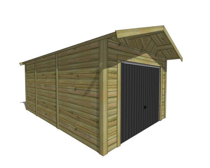 Garage en bois, porte noire, toit simple pente.