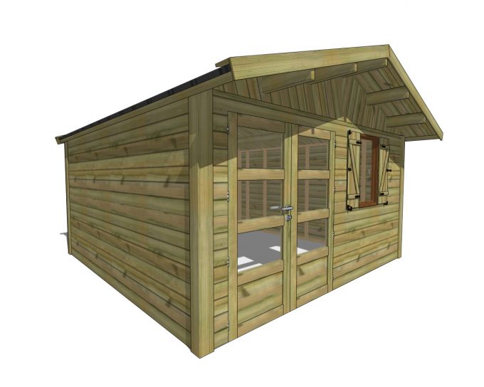Abri de jardin en bois avec portes vitrées et volets.