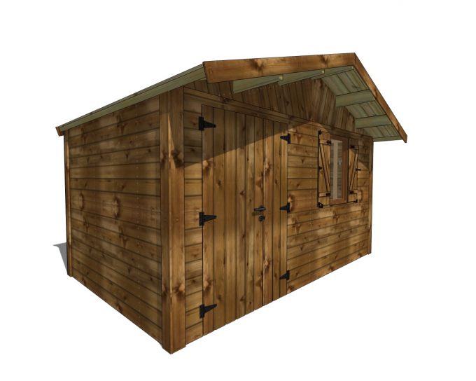 Abri de jardin en bois avec double porte et fenêtre à volets.