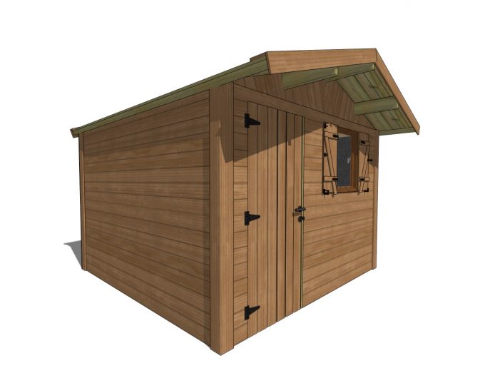 Abri de jardin en bois, porte double, fenêtre avec volets.