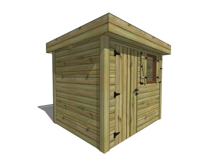 Abri de jardin en bois à toit plat, porte et fenêtre.