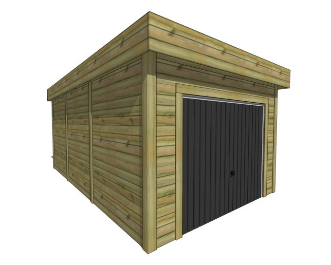 Garage bois moderne, toit plat, porte foncée.