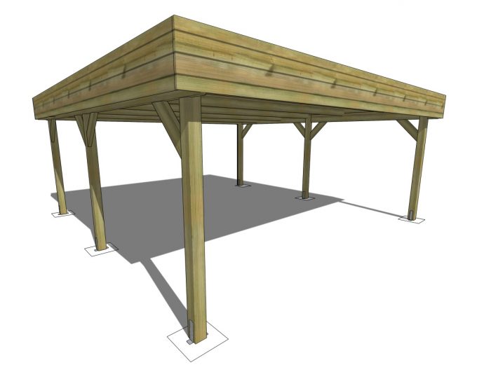 Carport massif 6x6m double toit plat poteaux 12x12