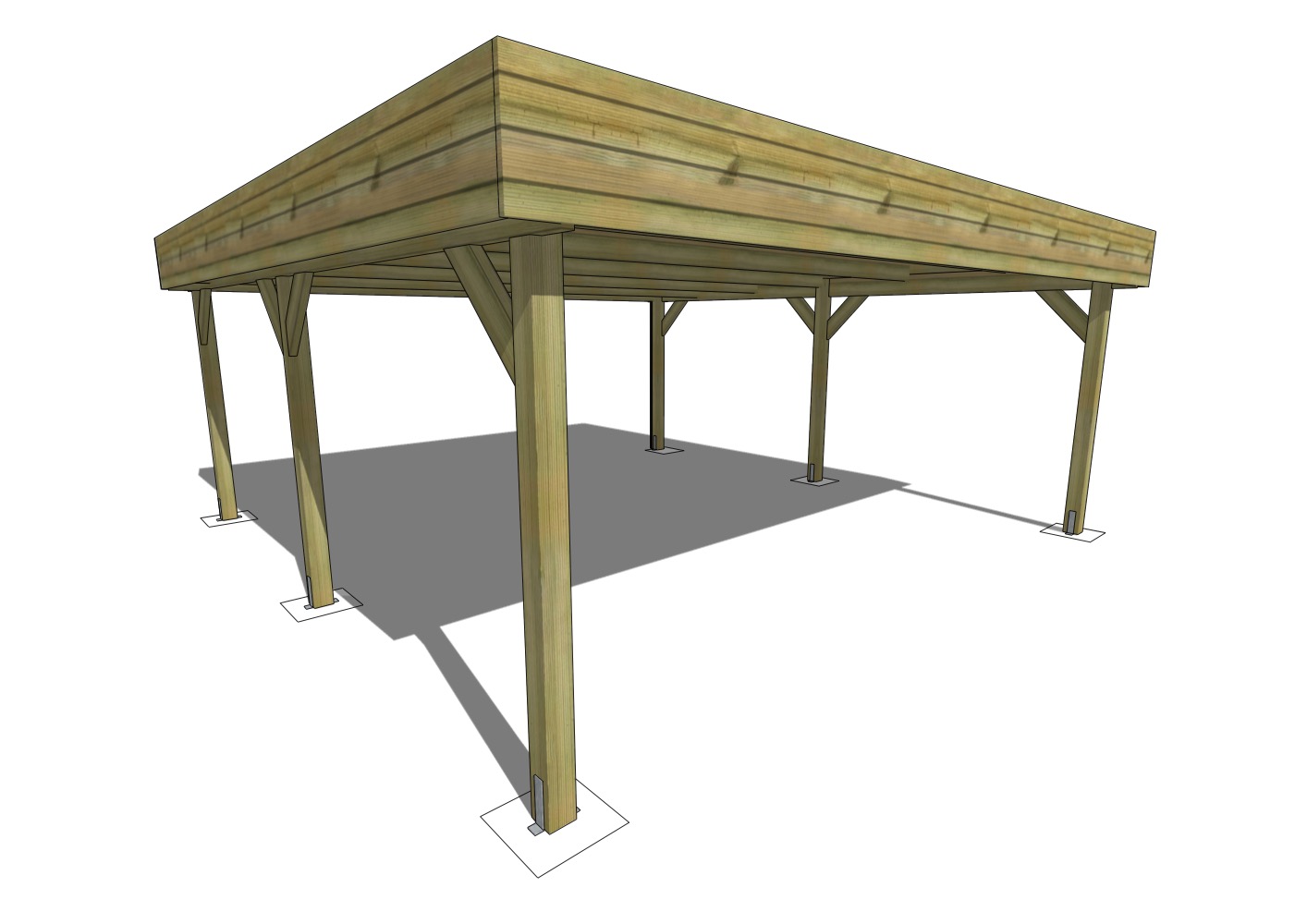 Carport massif 6x6m double toit plat poteaux 12x12