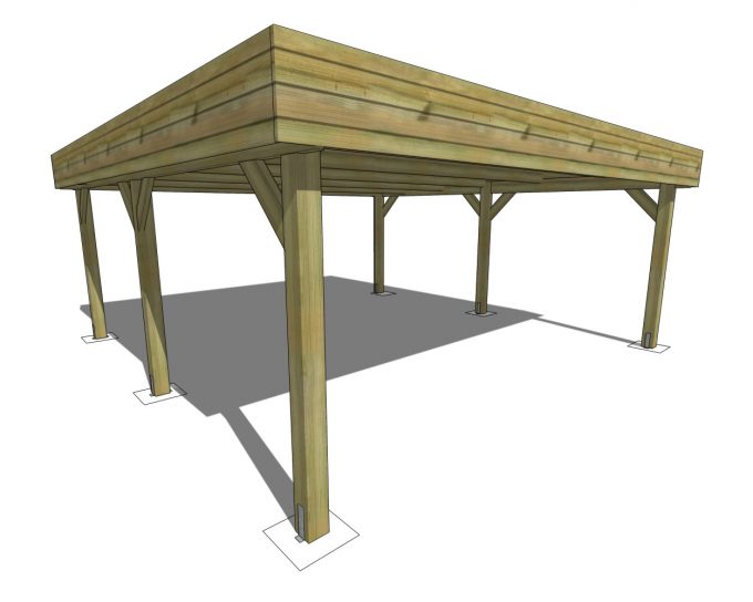 Carport massif 6x6m double toit plat poteaux 14x14