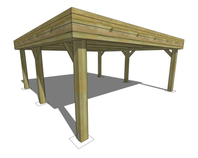 Carport massif 6x6m double toit plat poteaux 19x19