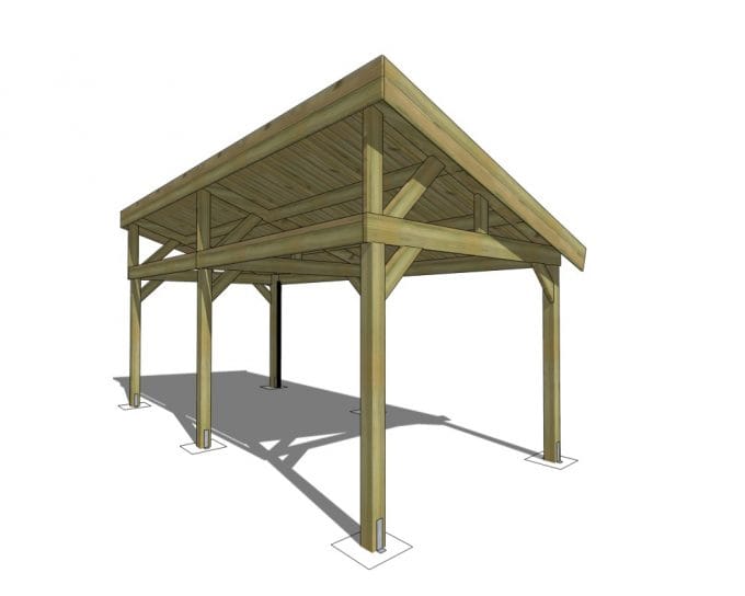 Structure en bois pour abri, charpente visible, rendu 3D.