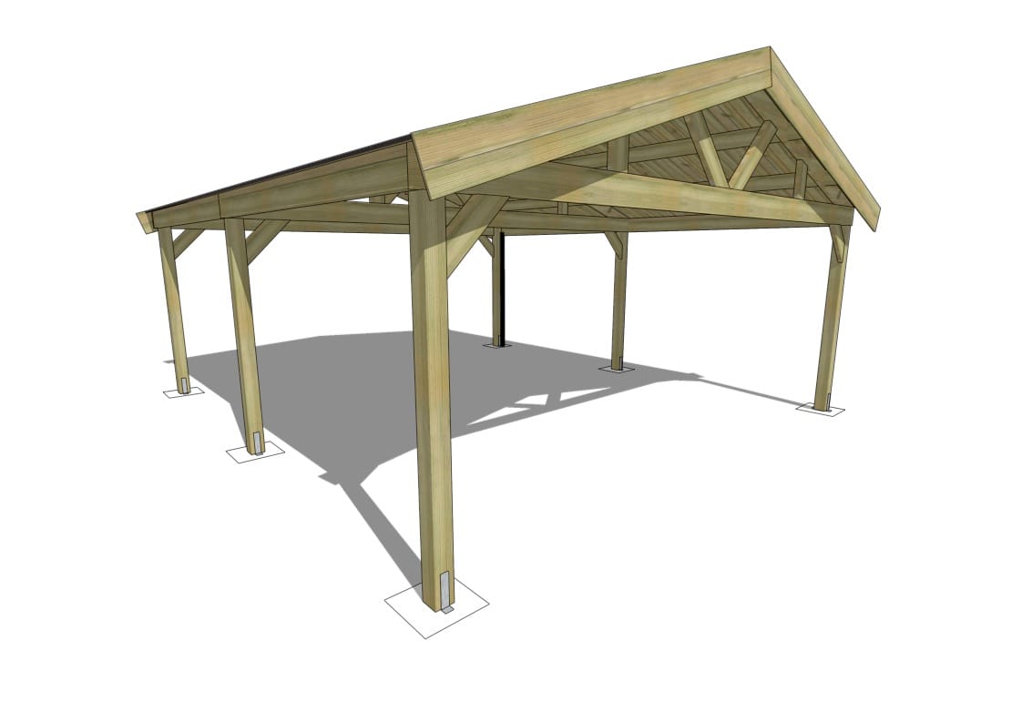 Carport massif 6x6m deux pans poteaux 12x12