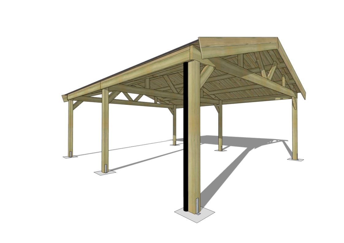 Carport en bois, charpente traditionnelle, sur fond blanc.