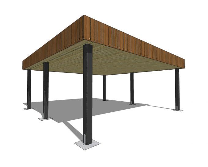Abri moderne en bois et métal, rendu 3D.