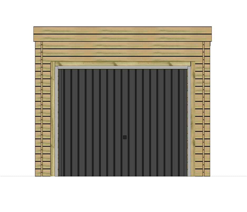 Garage en bois moderne avec porte sectionnelle gris foncé.