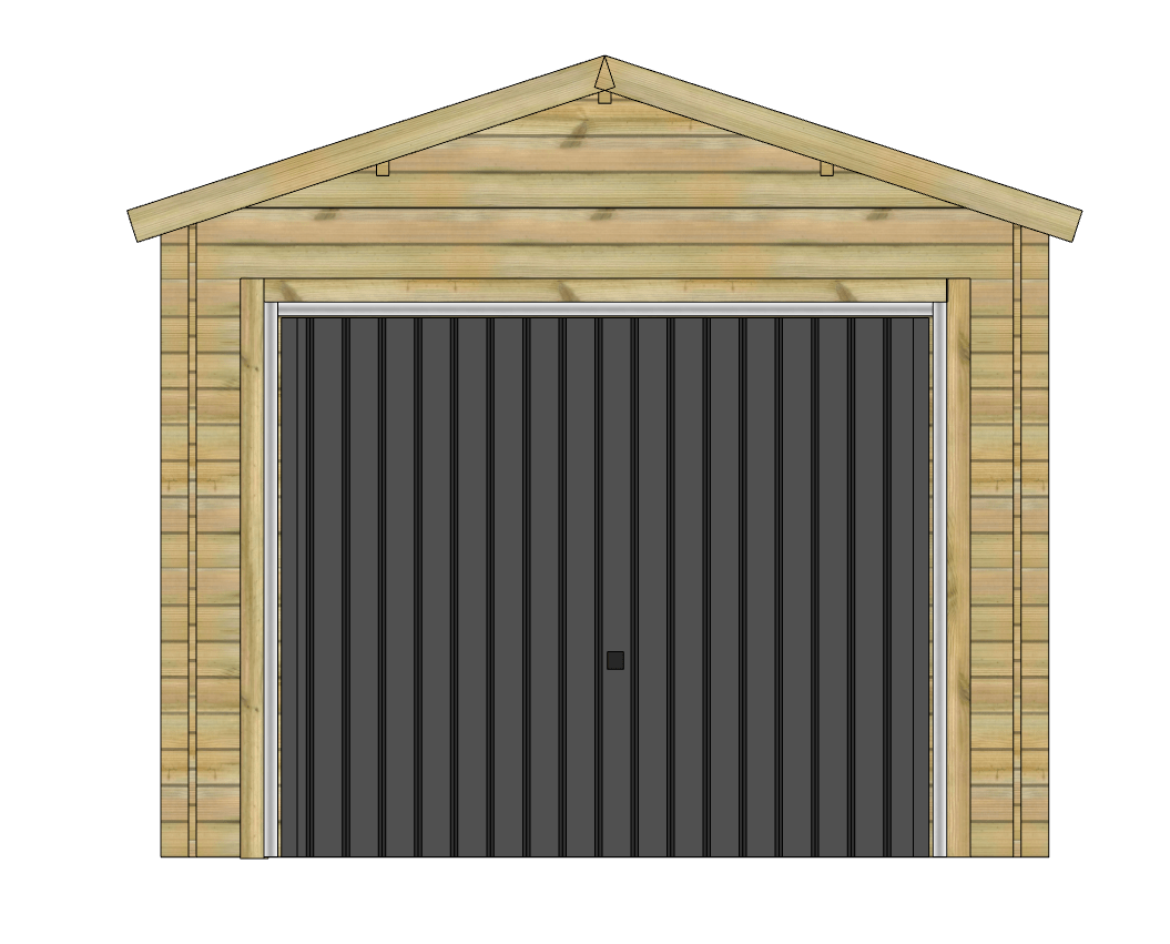 Garage en bois avec porte sectionnelle grise sur fond blanc.