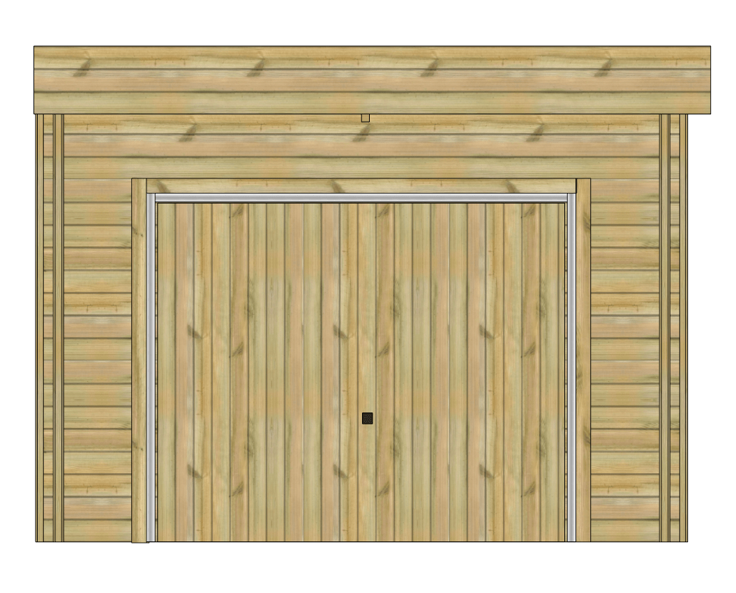 Façade de garage en bois avec porte.