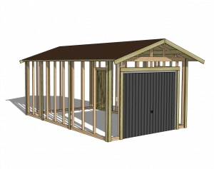 Structure de garage ou abri de jardin en bois en construction.