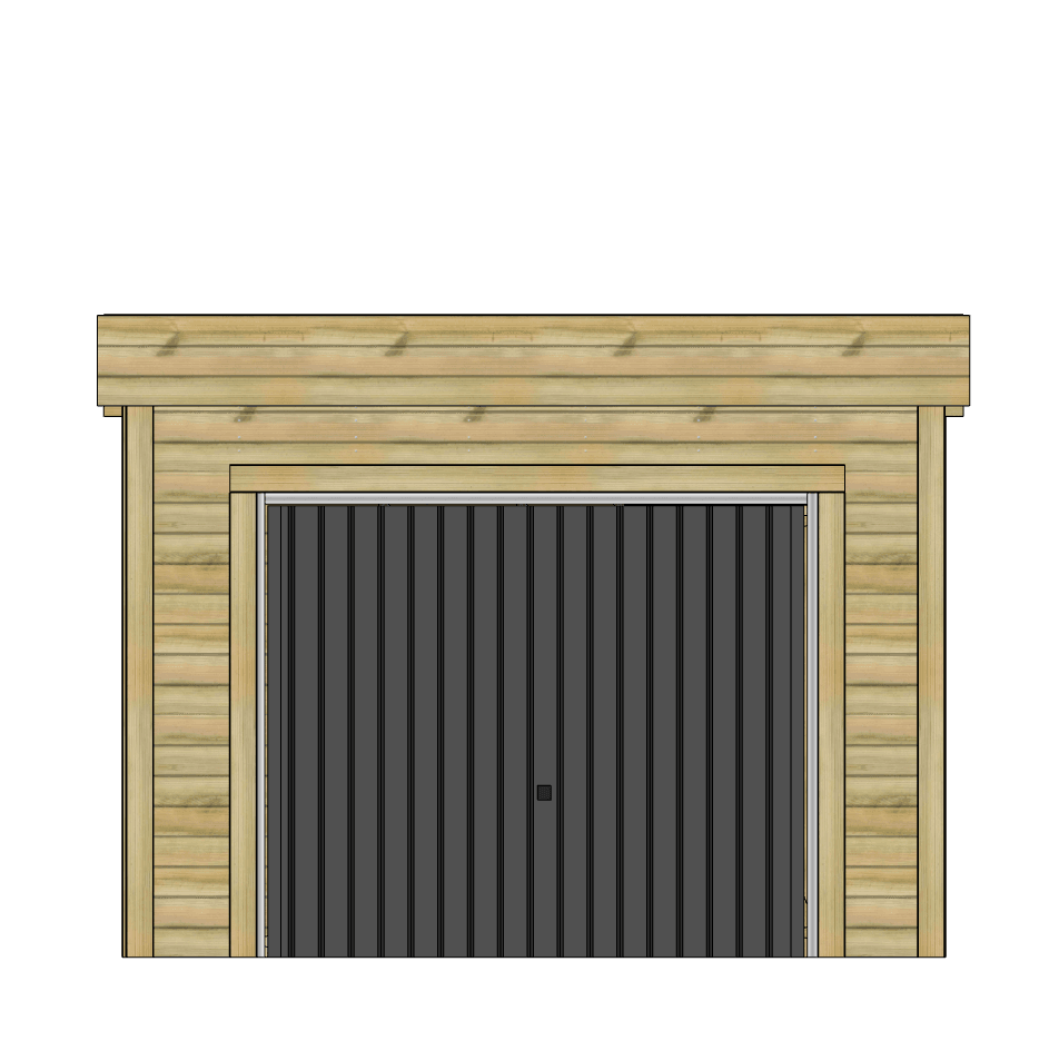 Façade de garage en bois, porte sectionnelle grise.
