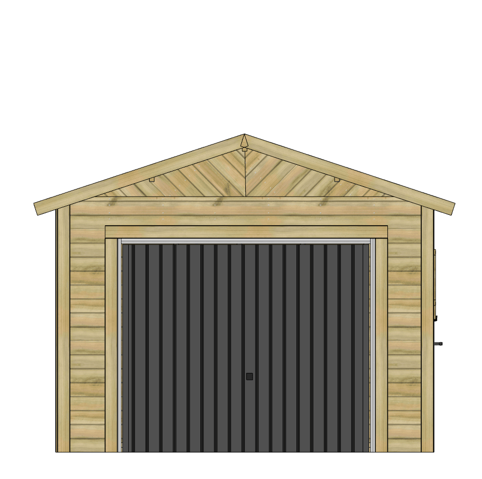 Garage ou abri de jardin en bois avec porte grise.