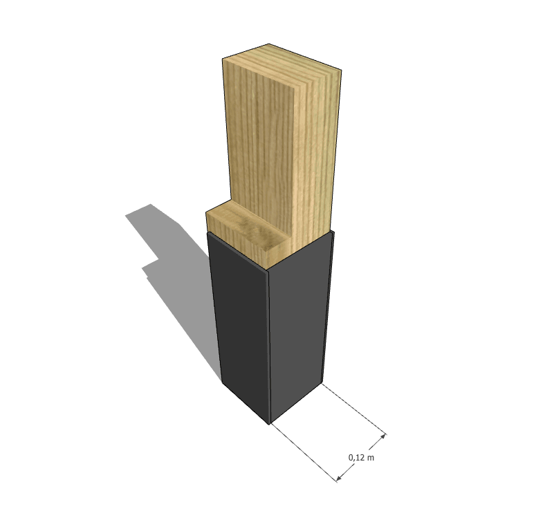 Détail d'assemblage poteau bois sur support métallique.