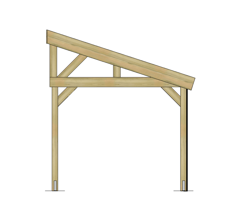 Structure bois simple avec toit en pente, vue latérale.