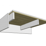 Table basse flottante moderne en bois clair et supports blancs.