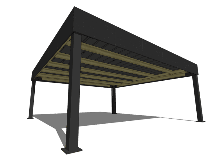 Pergola moderne grise avec lames bois, perspective basse.