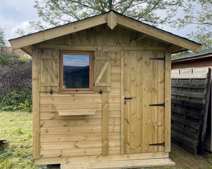 Abri de jardin 2 PANS Ossature Bois : Bardage Sapin Rouge autoclave | 2,5x2m |Shingle brun