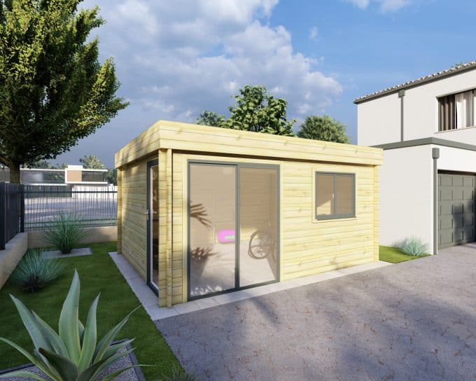 Abri de jardin moderne en bois, terrasse et maison.