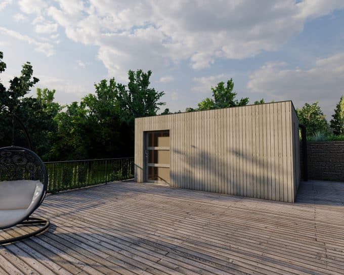 Terrasse en bois moderne avec cabane, fauteuil suspendu et verdure.