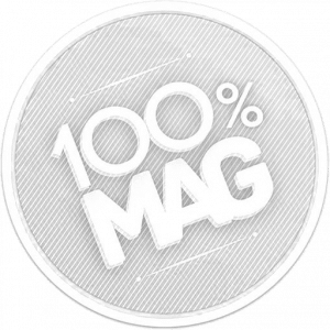 Logo 100% MAG, badge circulaire gris et blanc