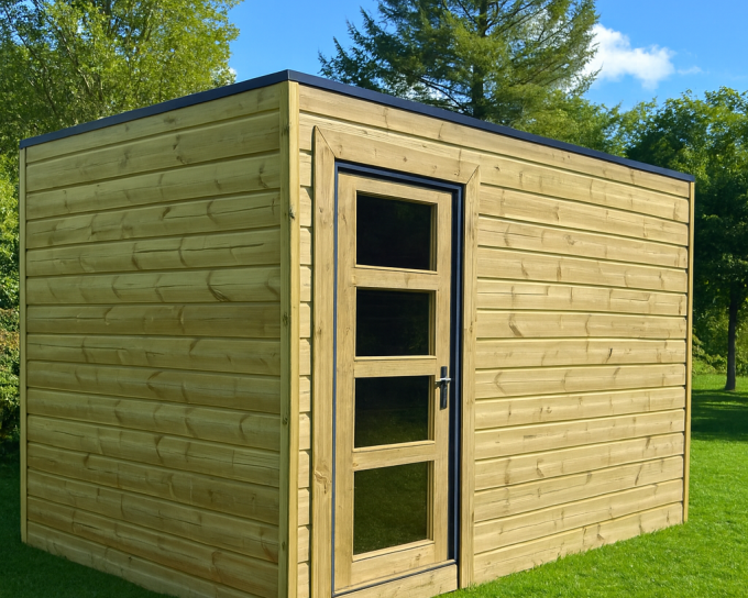 Abri de jardin en bois moderne avec porte vitrée.