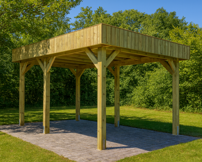 Pergola en bois, sol pavé, entourée de verdure.