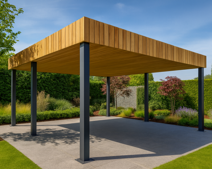Pergola moderne en bois et métal dans un jardin paysager.