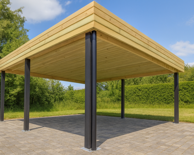 Carport en bois moderne avec poteaux noirs sur allée pavée.