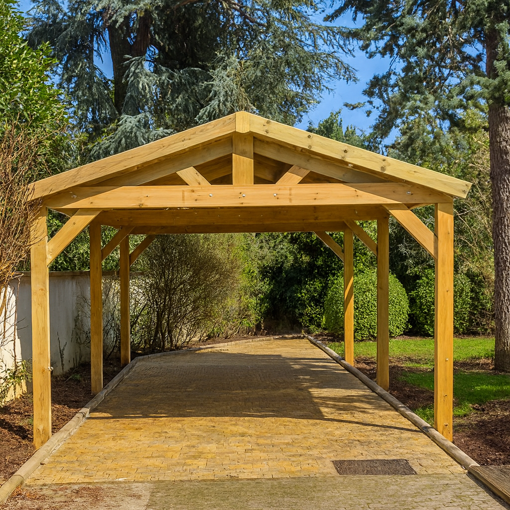 Carport en bois, allée pavée, verdure environnante.